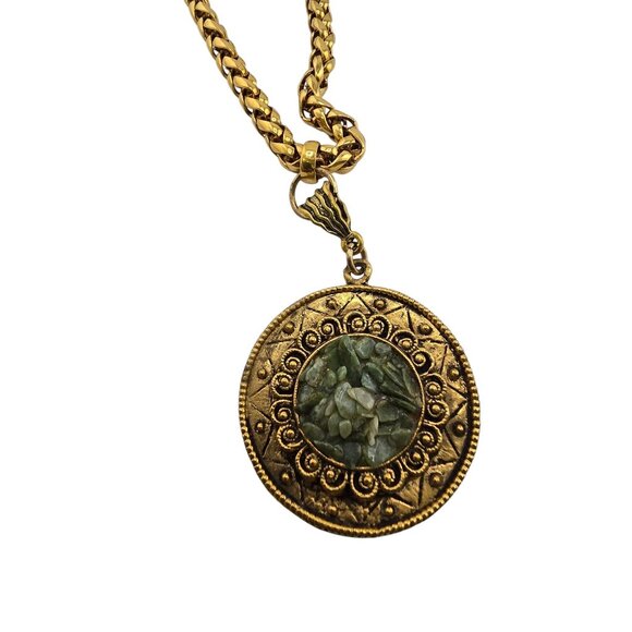 Vintage Crushed Jadeite? Marked Pendant On Fancy Chain Necklace (A8116) - Picture 2 of 5